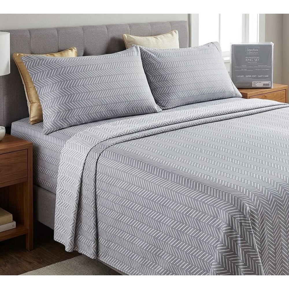 Signature Collection King Sheet Set Gray Chevron Brushed Microfiber New Bedding